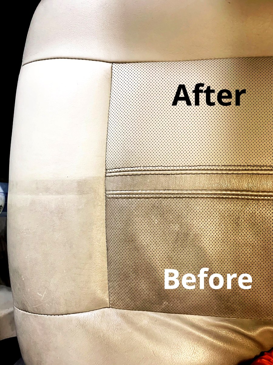 Leather seat conditioning before and after — grimy vs pristine perforated leather